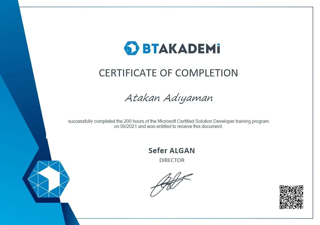 Atakan Adıyaman - Sertifika