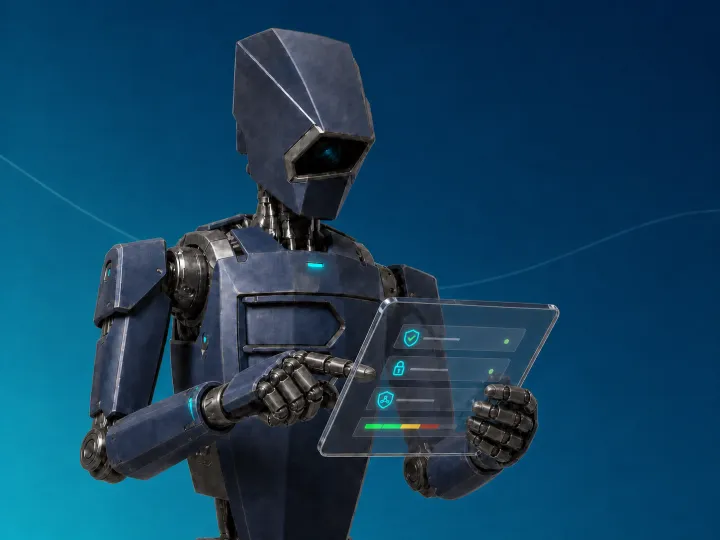 Güvenlik durumlarını ve risk seviyelerini tablet üzerinden yöneten robot maskot