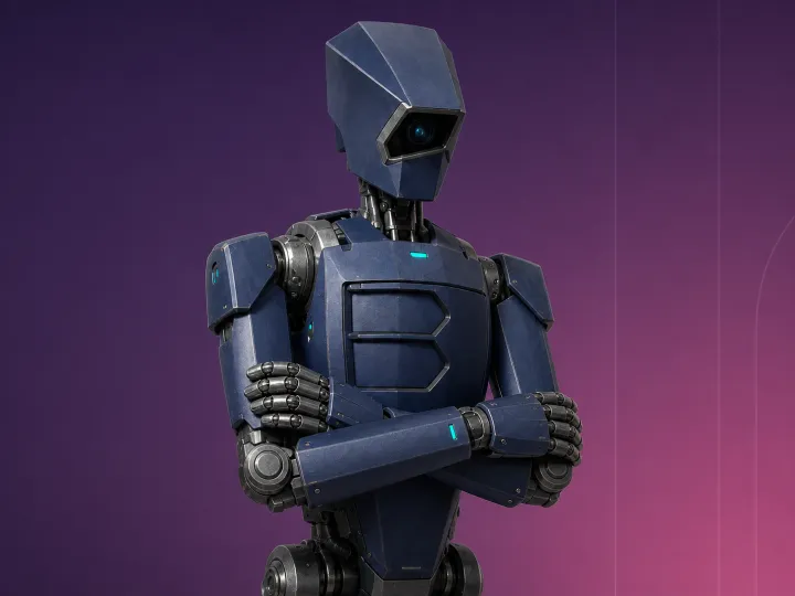 Yönetişim, risk ve uyum için sakin ve denetleyici duruş sergileyen robot maskot