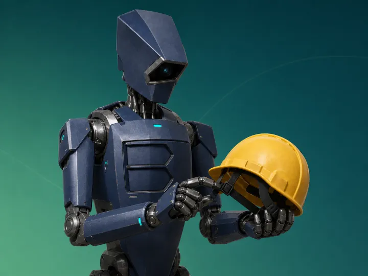 Kullanım öncesinde iş güvenliği baretinin bağlantılarını kontrol eden robot maskot