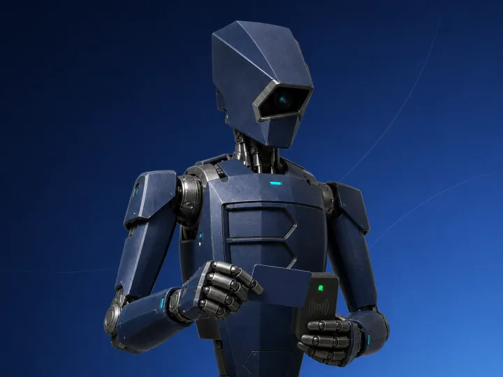 Erişim kartını kurumsal okuyucuda doğrulayarak yetkili erişimi denetleyen robot maskot
