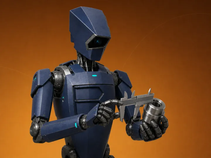 Hassas metal parçayı kumpasla ölçerek kalite kontrolü gerçekleştiren robot maskot