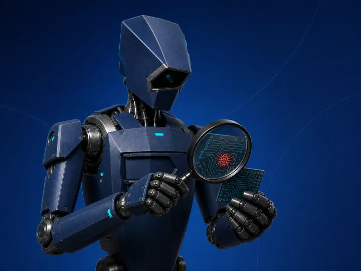 Devre kartındaki siber tehdidi büyüteçle inceleyen robot maskot